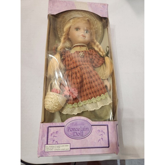 Other - Collectable Porcelain Doll in Box Blonde Hair Blue Eyes Brown Dress FlowerBasket